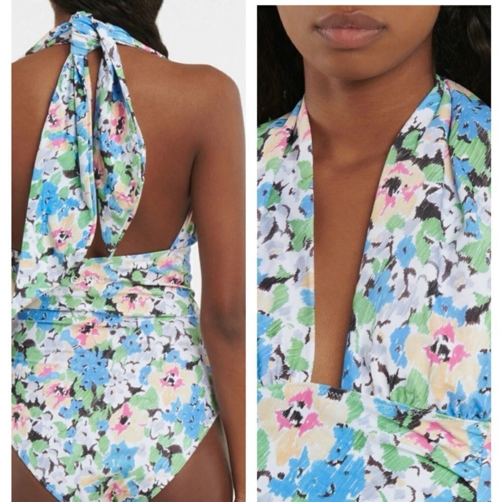 Ganni Women's Blue Floral Halter One Piece Swimsuit Size 44 NWT $235